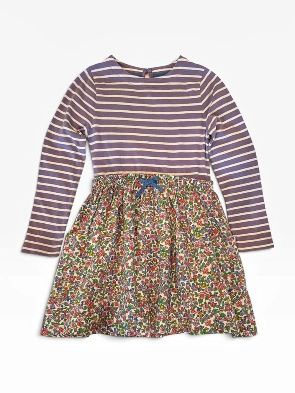 Mini Boden Girls 7-8Y Hotchpotch Striped Floral Dress Long Sleeve Pockets Cotton